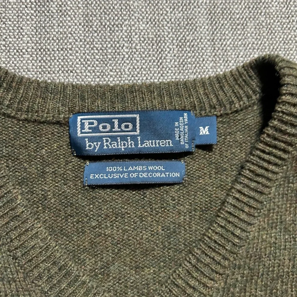 VTG Y2K Polo Ralph Lauren V-Neck Sweater Mens M Olive Green Lambswool Pony Logo